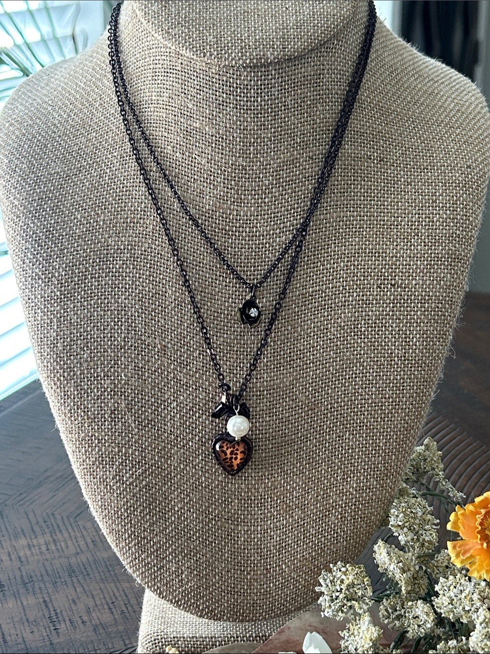 Betsey Johnson Antique Bronze Multi-Layer Necklace with Pink Flower/2 necklaces - Picture 6 of 10